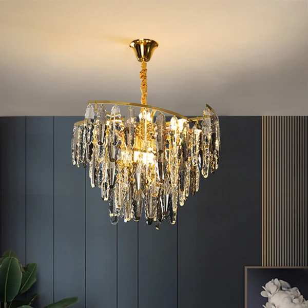 Postmoderne bladvormige kroonluchter rookgrijs kristal 10-lichts woonkamer hanglamp met Lange Kabel
