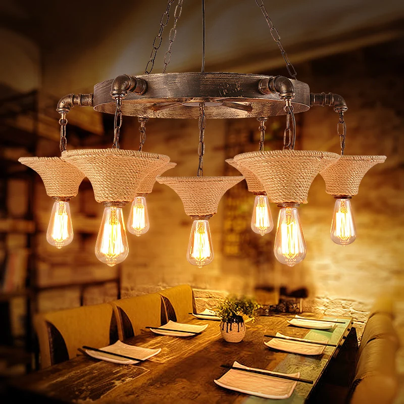 Ronde Flush Mount Cone Shade Plafondlamp Touw 7/9 Lamp Rustieke Eetkamer Kroonluchters Hanglamp Antiek Brons