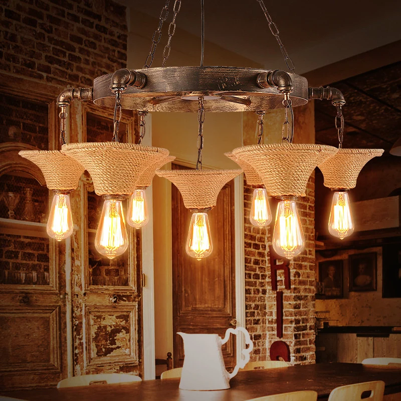 Ronde Flush Mount Cone Shade Plafondlamp Touw 7/9 Lamp Rustieke Eetkamer Kroonluchters Hanglamp Antiek Brons
