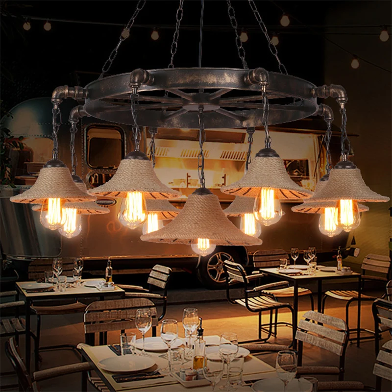 Ronde Flush Mount Cone Shade Plafondlamp Touw 7/9 Lamp Rustieke Eetkamer Kroonluchters Hanglamp Antiek Brons
