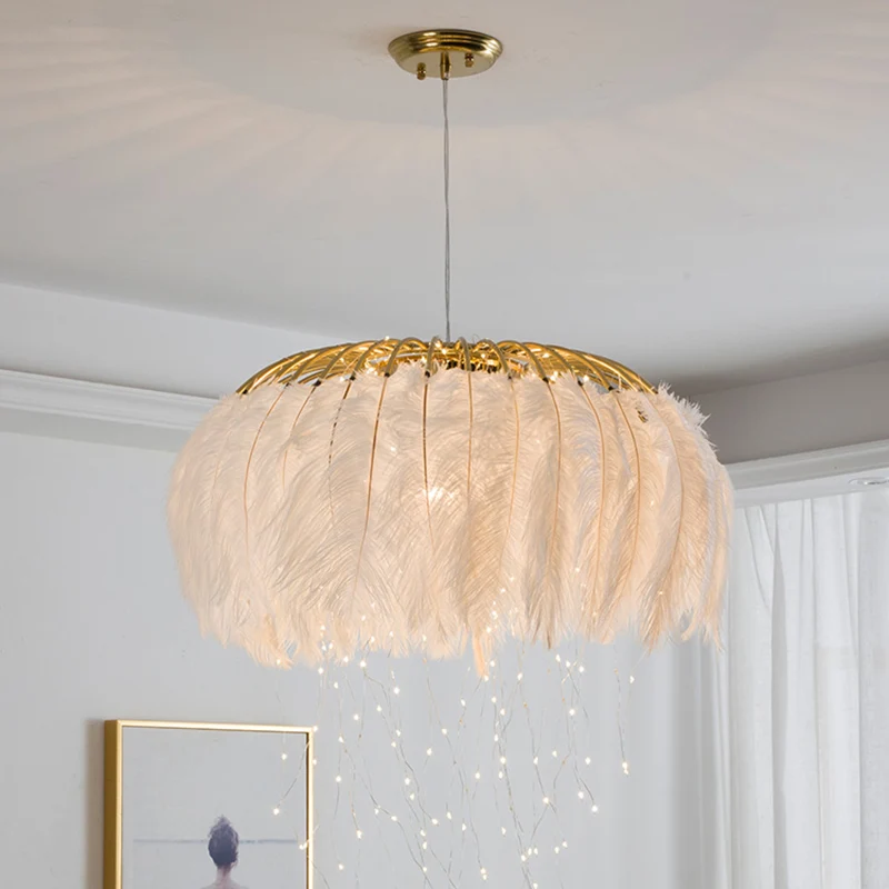 Ronde kroonluchter Nordic Feather slaapkamer plafond hanglamp met Firefly LED-snaar voor Keuken