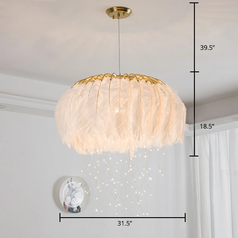 Ronde kroonluchter Nordic Feather slaapkamer plafond hanglamp met Firefly LED-snaar voor Keuken