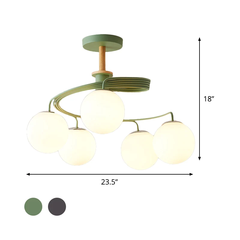 Swirl Flush Kroonluchter Nordic Ijzer 5 Lampen Grijs/Groen Semi Flush Plafondlamp met Bol Glazen Kap en Houten Downrod