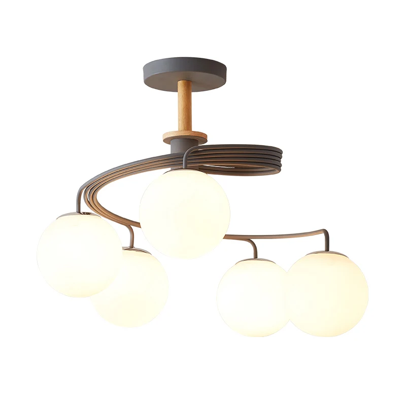 Swirl Flush Kroonluchter Nordic Ijzer 5 Lampen Grijs/Groen Semi Flush Plafondlamp met Bol Glazen Kap en Houten Downrod