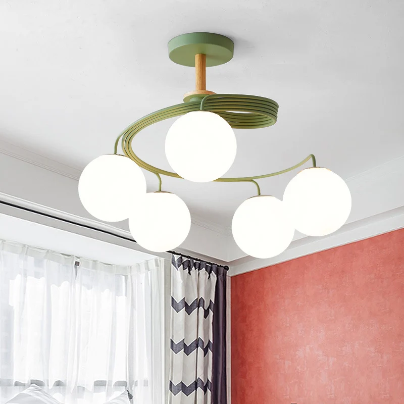 Swirl Flush Kroonluchter Nordic Ijzer 5 Lampen Grijs/Groen Semi Flush Plafondlamp met Bol Glazen Kap en Houten Downrod