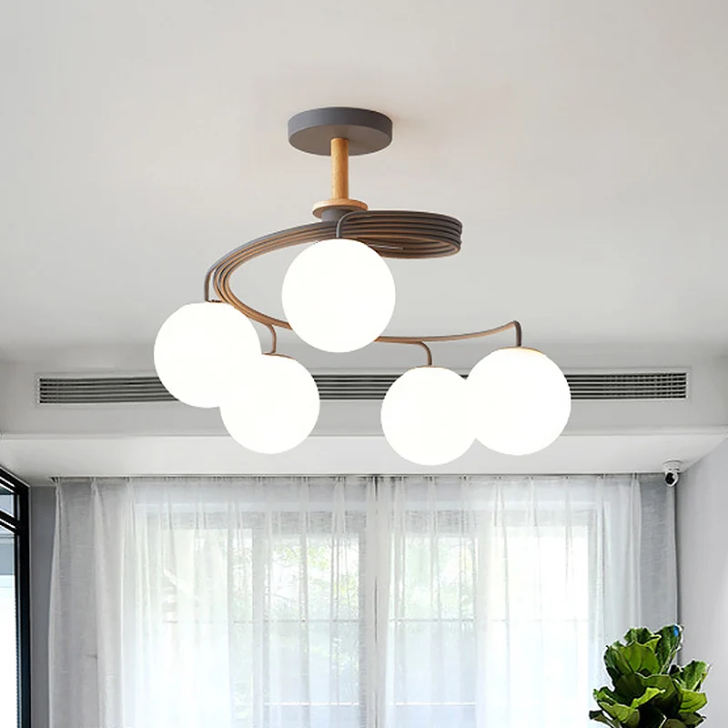 Swirl Flush Kroonluchter Nordic Ijzer 5 Lampen Grijs/Groen Semi Flush Plafondlamp met Bol Glazen Kap en Houten Downrod