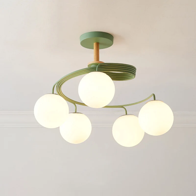 Swirl Flush Kroonluchter Nordic Ijzer 5 Lampen Grijs/Groen Semi Flush Plafondlamp met Bol Glazen Kap en Houten Downrod