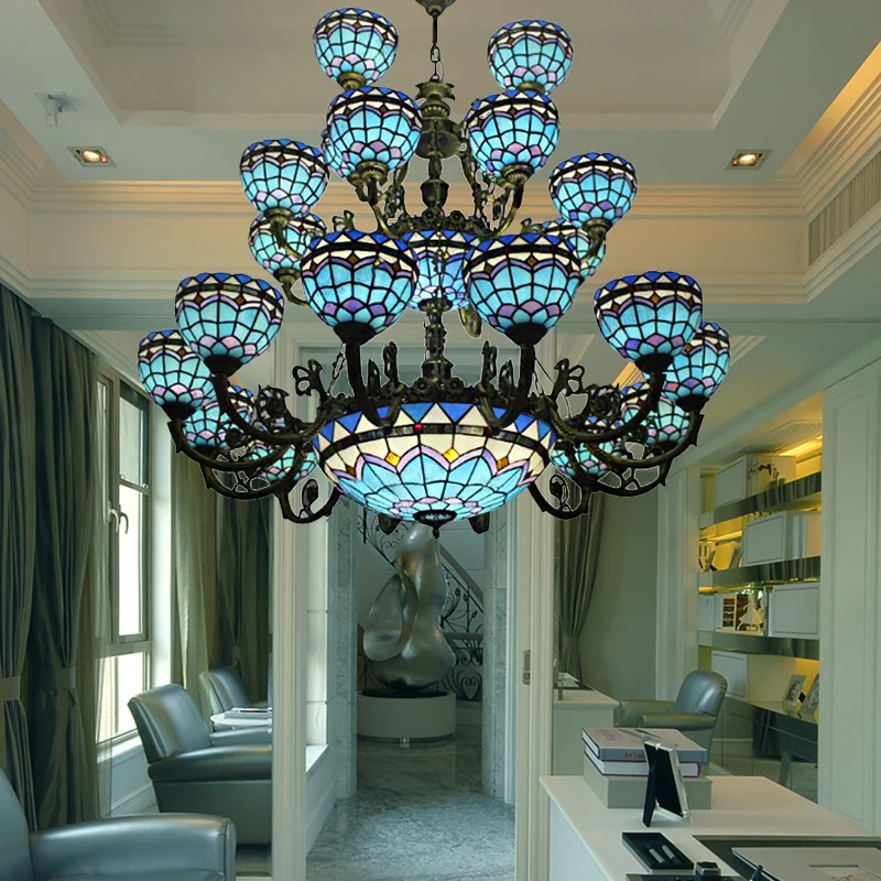 Tiffany Bowl-kroonluchter, 3 niveaus, opwaartse verlichting, slaapkamer, woonkamer, hangende verlichting bronzen afwerking...