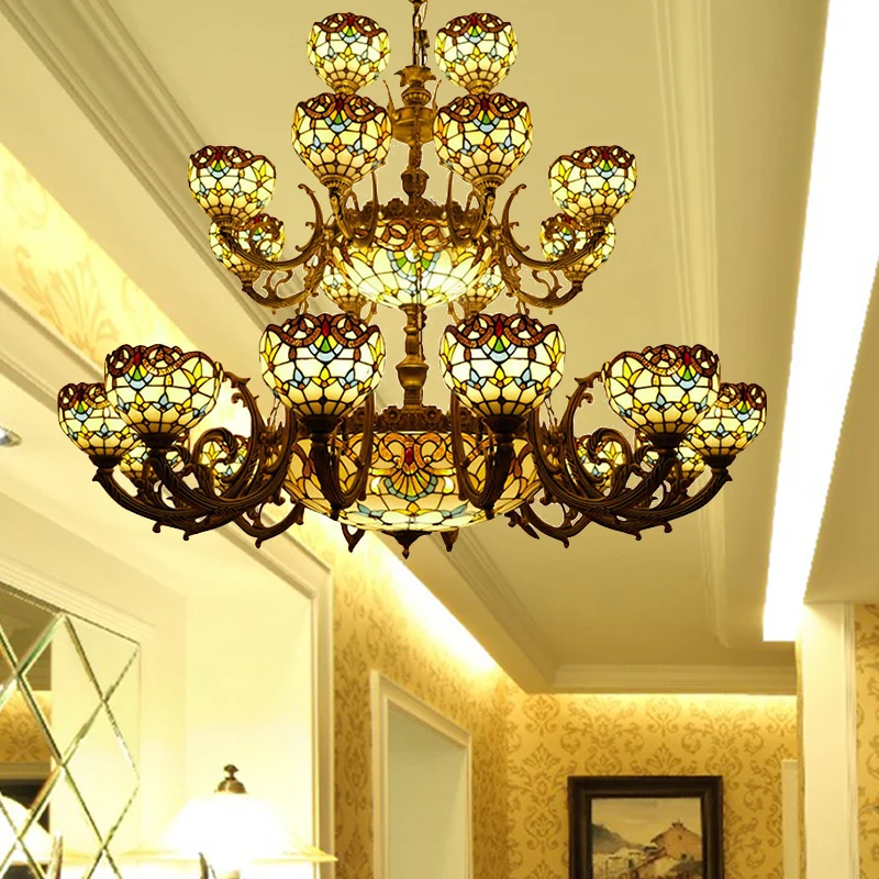Tiffany Bowl-kroonluchter, 3 niveaus, opwaartse verlichting, slaapkamer, woonkamer, hangende verlichting bronzen afwerking...
