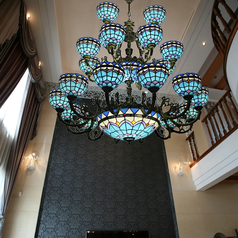 Tiffany Bowl-kroonluchter, 3 niveaus, opwaartse verlichting, slaapkamer, woonkamer, hangende verlichting bronzen afwerking...
