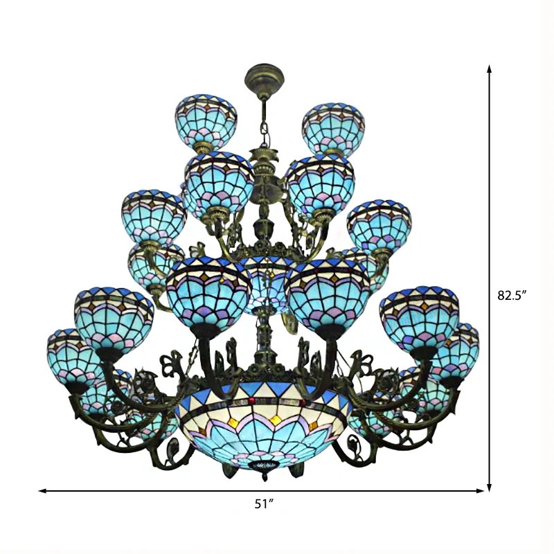 Tiffany Bowl-kroonluchter, 3 niveaus, opwaartse verlichting, slaapkamer, woonkamer, hangende verlichting bronzen afwerking...