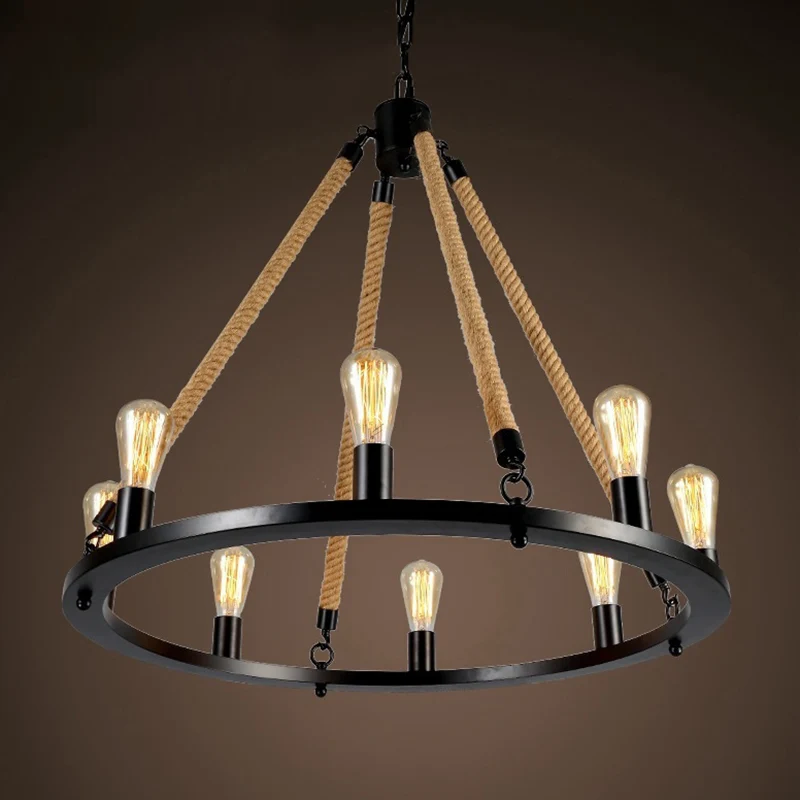 Track Verlichting IJzeren Ring Kroonluchter Zwak Antiek Restaurant Hanglamp met Henneptouw Mat Zwart