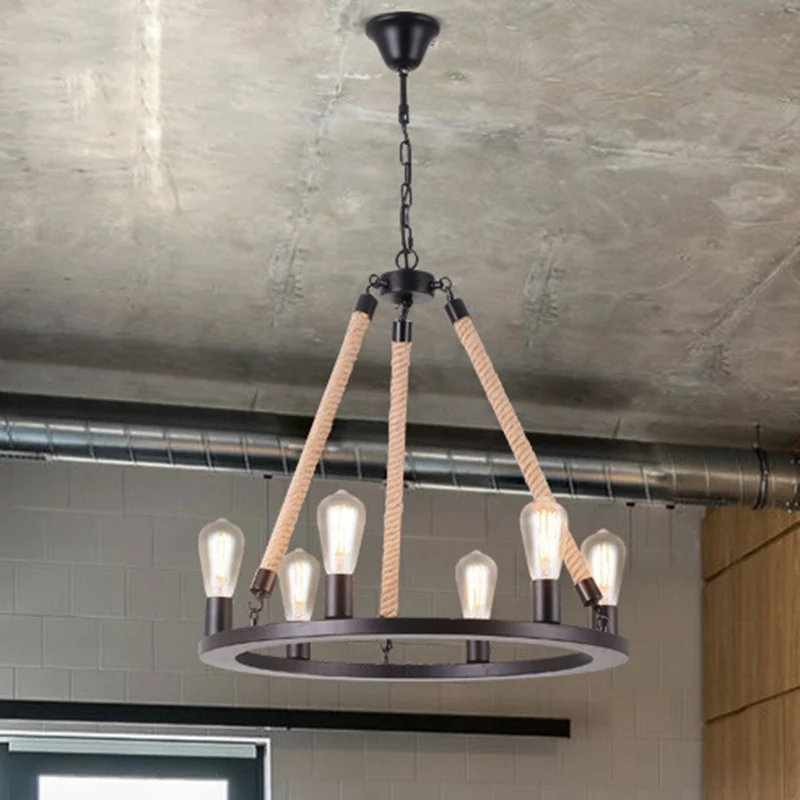 Track Verlichting IJzeren Ring Kroonluchter Zwak Antiek Restaurant Hanglamp met Henneptouw Mat Zwart