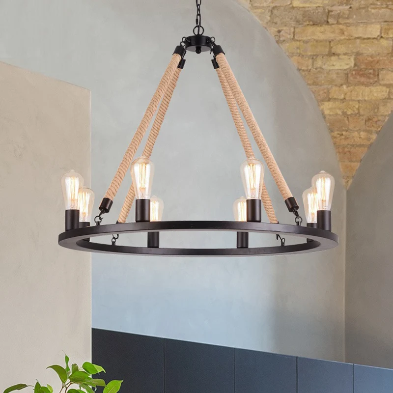 Track Verlichting IJzeren Ring Kroonluchter Zwak Antiek Restaurant Hanglamp met Henneptouw Mat Zwart