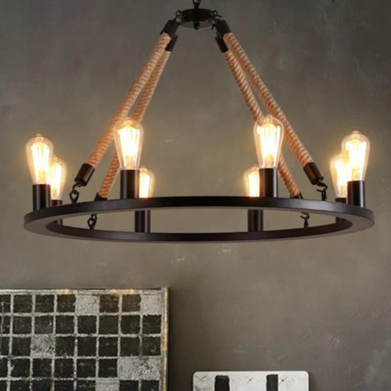 Track Verlichting IJzeren Ring Kroonluchter Zwak Antiek Restaurant Hanglamp met Henneptouw Mat Zwart