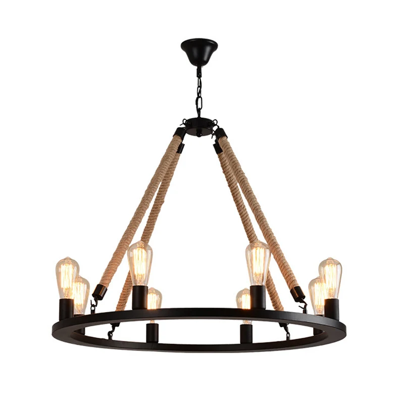 Track Verlichting IJzeren Ring Kroonluchter Zwak Antiek Restaurant Hanglamp met Henneptouw Mat Zwart