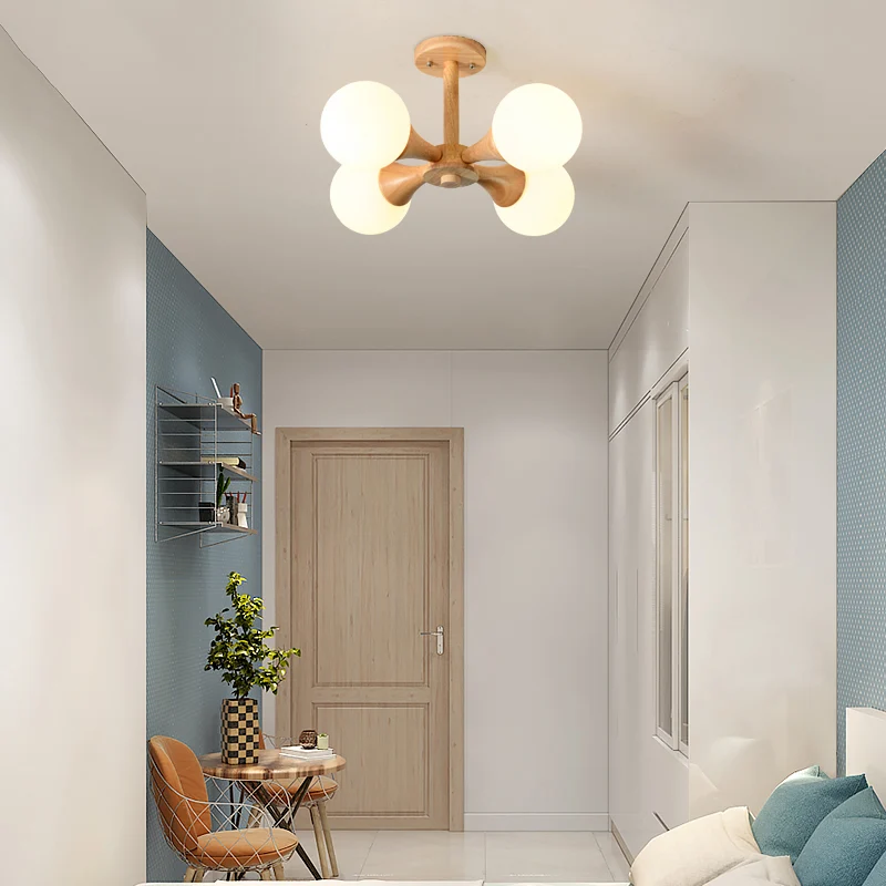 Track Verlichting Scandinavische stijl bal semi-inbouwlamp wit glas slaapkamer inbouw plafondkroonluchter met houten luifel