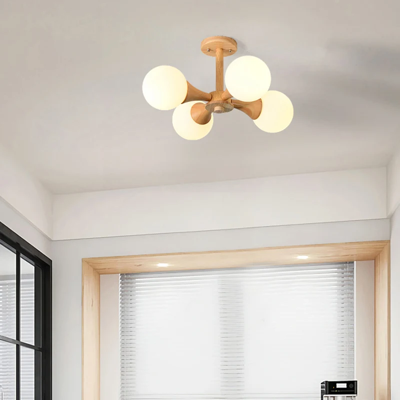 Track Verlichting Scandinavische stijl bal semi-inbouwlamp wit glas slaapkamer inbouw plafondkroonluchter met houten luifel