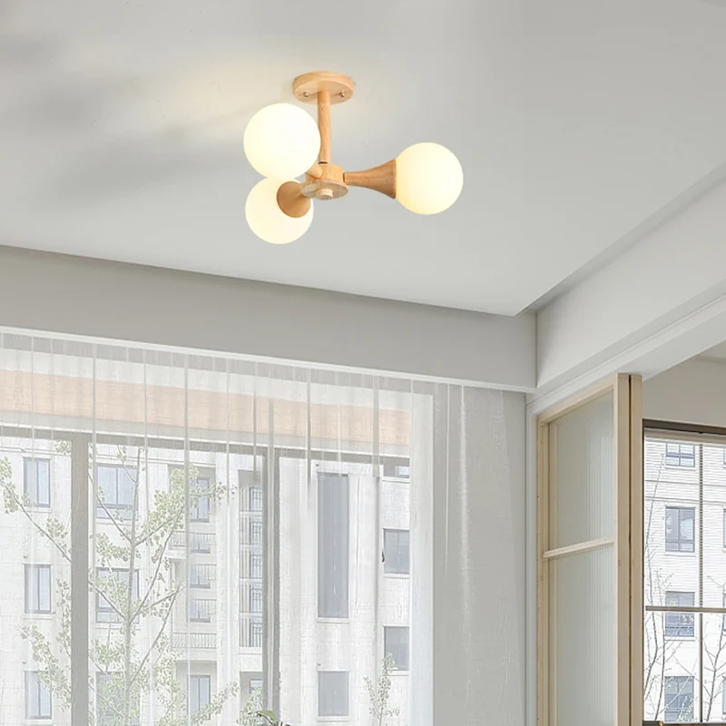 Track Verlichting Scandinavische stijl bal semi-inbouwlamp wit glas slaapkamer inbouw plafondkroonluchter met houten luifel