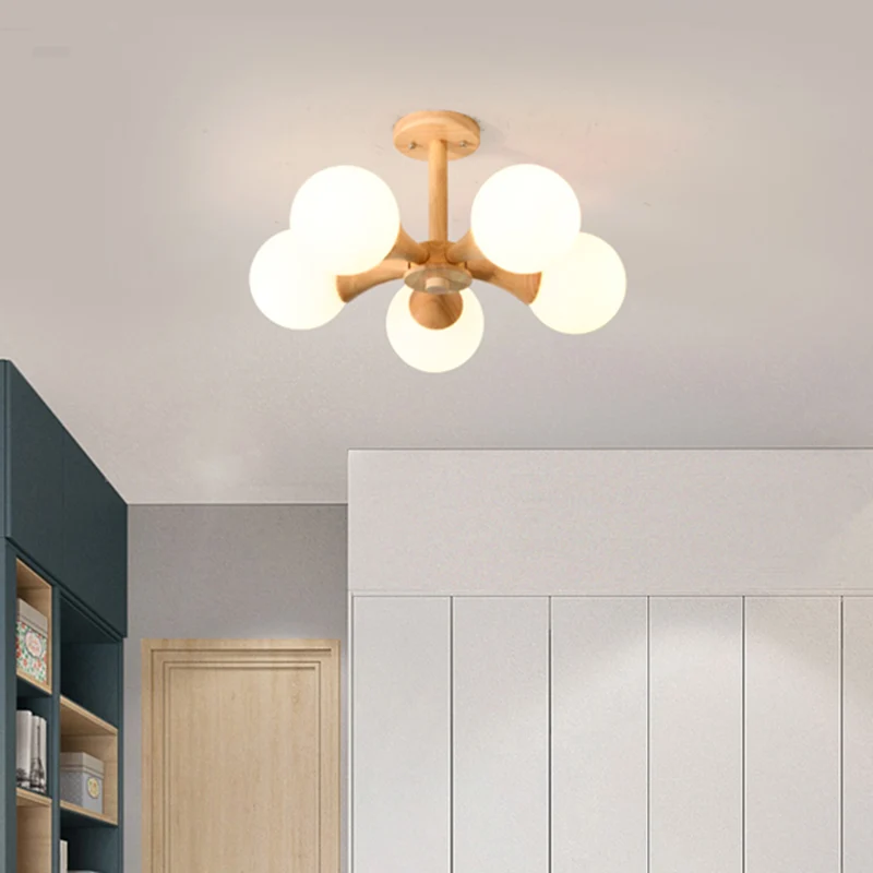 Track Verlichting Scandinavische stijl bal semi-inbouwlamp wit glas slaapkamer inbouw plafondkroonluchter met houten luifel