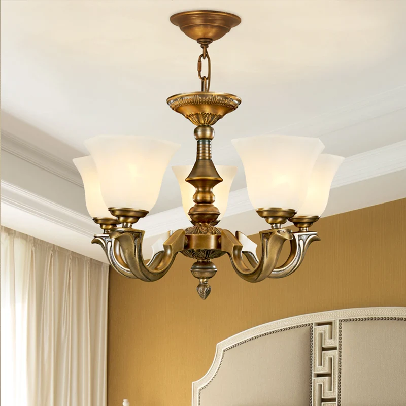 Vlakke Inbouw Glazen kroonluchter met paneelvormige klok, traditionele eetkamer hanglamp goud