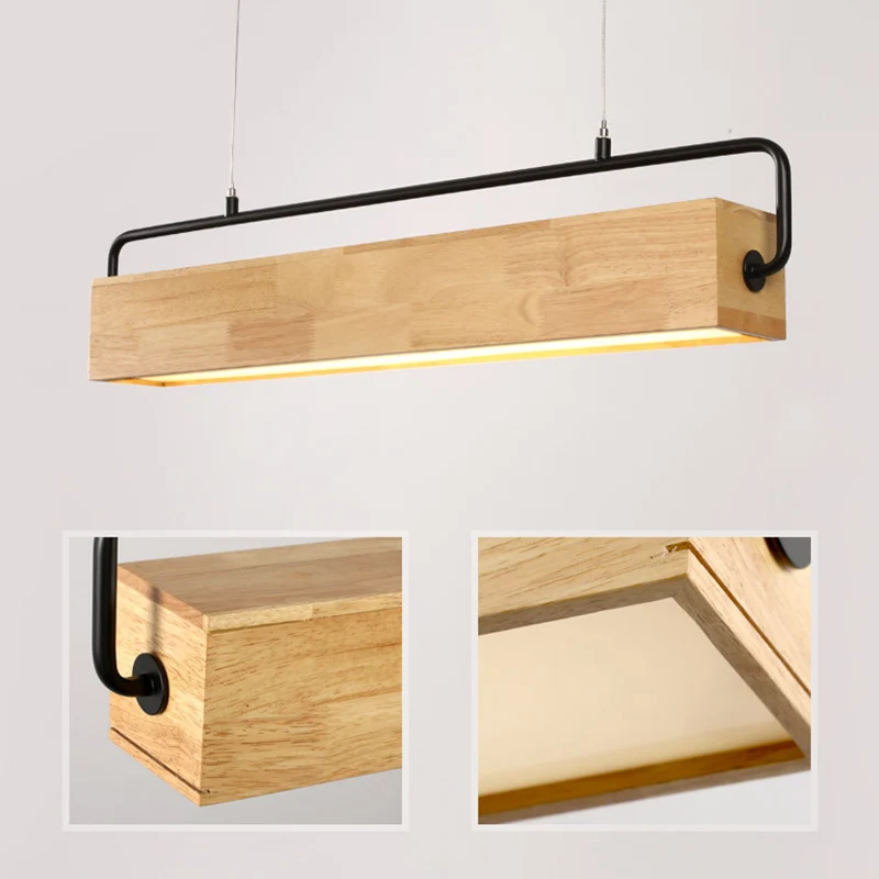 Vlakke Inbouw Moderne Noordse Strip Island Hanglamp Rechthoekige Houten Restaurant Lineaire Kroonluchter