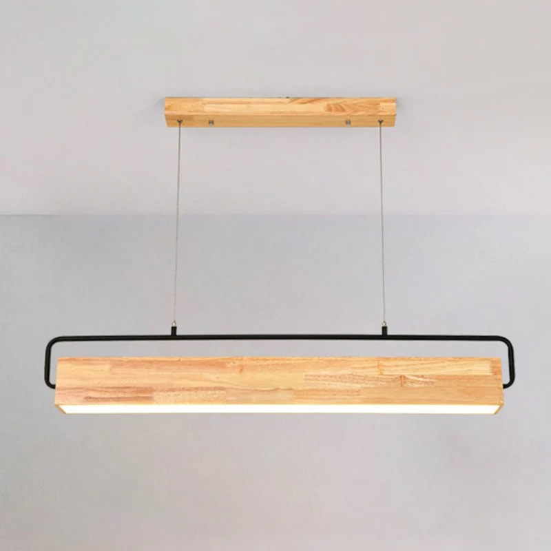 Vlakke Inbouw Moderne Noordse Strip Island Hanglamp Rechthoekige Houten Restaurant Lineaire Kroonluchter