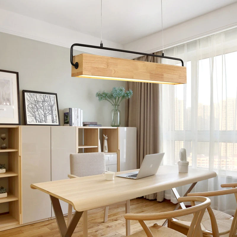 Vlakke Inbouw Moderne Noordse Strip Island Hanglamp Rechthoekige Houten Restaurant Lineaire Kroonluchter