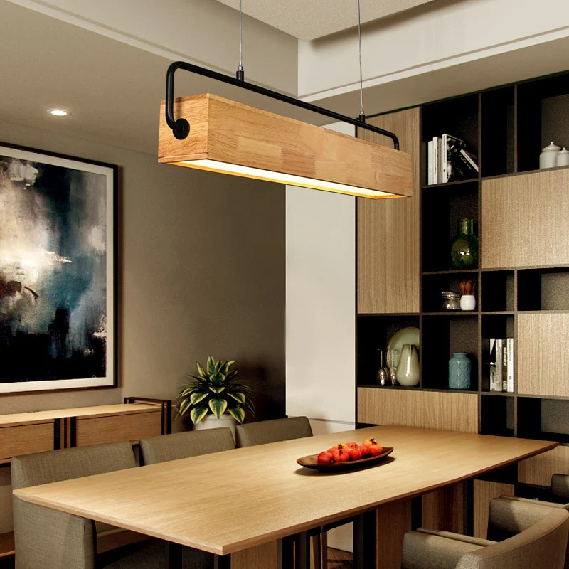 Vlakke Inbouw Moderne Noordse Strip Island Hanglamp Rechthoekige Houten Restaurant Lineaire Kroonluchter