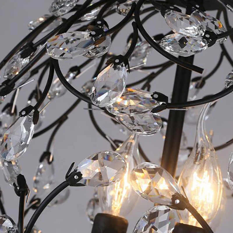 Vlakke Inbouw Traditionele hangende kroonluchter met bloemenbol, 3-lichts zwart/brons ijzeren hanglamp met kristallen accent