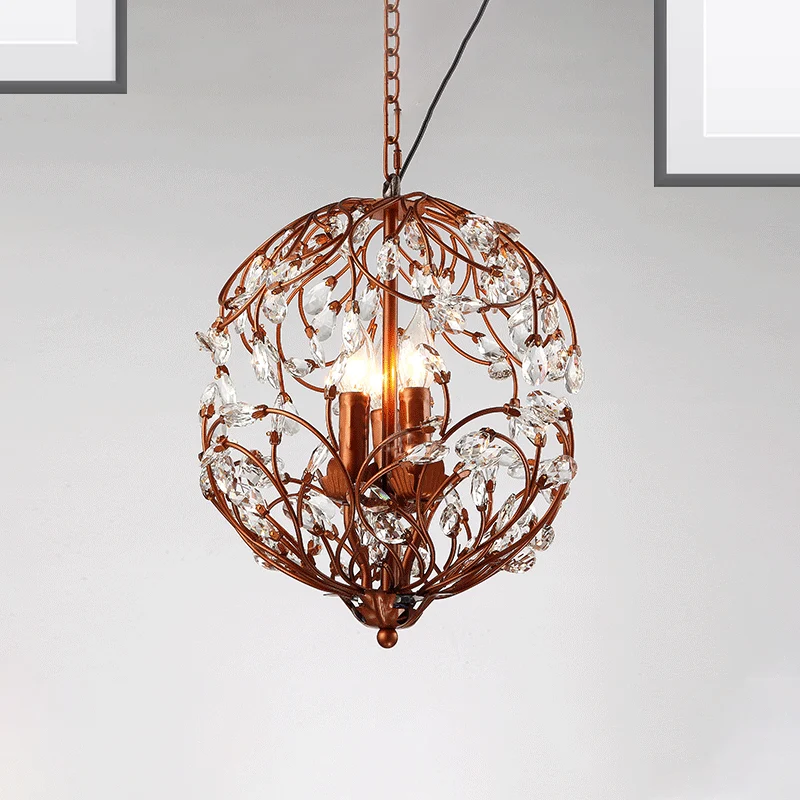 Vlakke Inbouw Traditionele hangende kroonluchter met bloemenbol, 3-lichts zwart/brons ijzeren hanglamp met kristallen accent