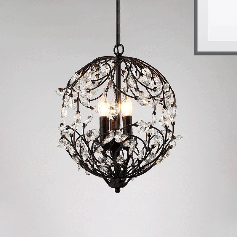 Vlakke Inbouw Traditionele hangende kroonluchter met bloemenbol, 3-lichts zwart/brons ijzeren hanglamp met kristallen accent