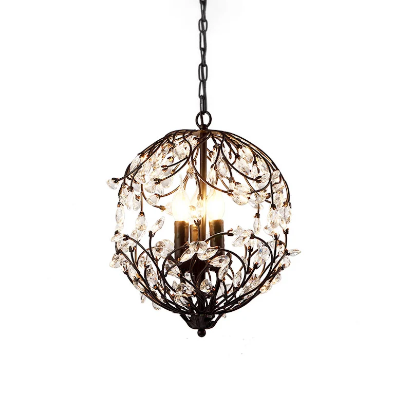 Vlakke Inbouw Traditionele hangende kroonluchter met bloemenbol, 3-lichts zwart/brons ijzeren hanglamp met kristallen accent