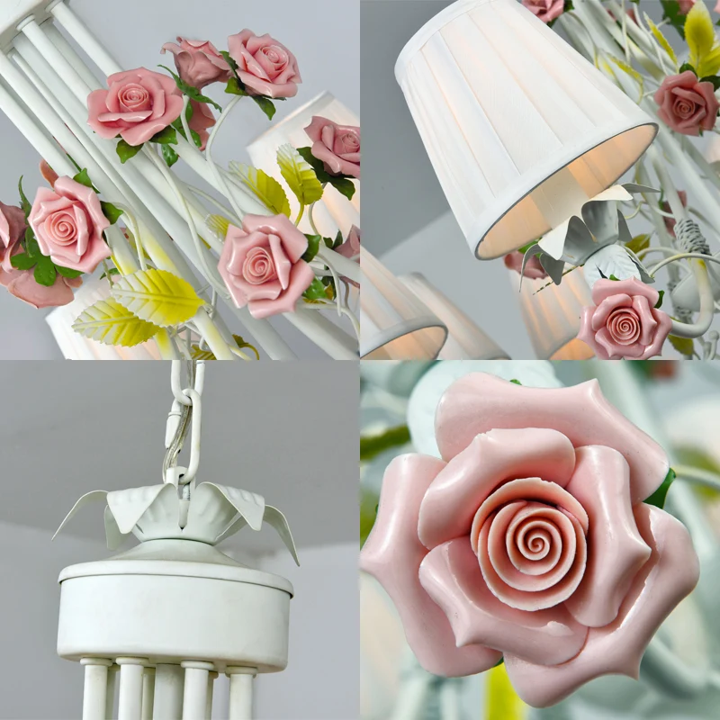 Witte hanglamp van geplooide stof, Empire Shade, pastorale stijl kroonluchter met decoratieve roos met 3 Lichtpunten