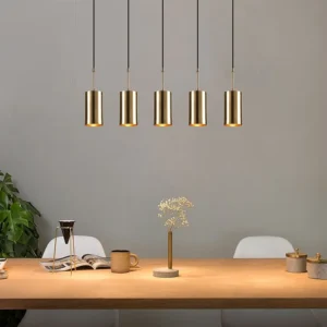 Metalen hanglamp - 5 lampenkappen - L79 x H120 cm - Goudkleurig en zwart - FILARI