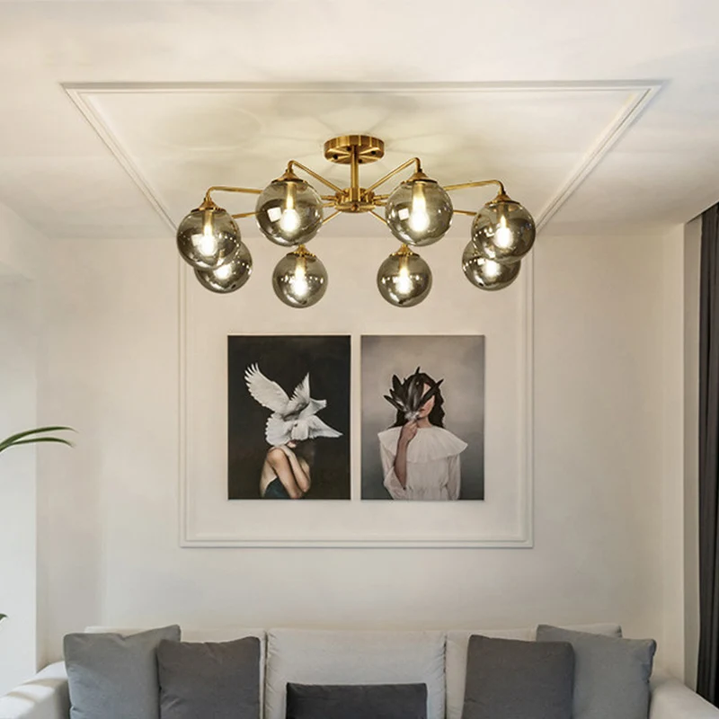 Moderne semi-inbouw gouden Global plafondlamp met glazen kap voor woonkamer - Incl. Garantie