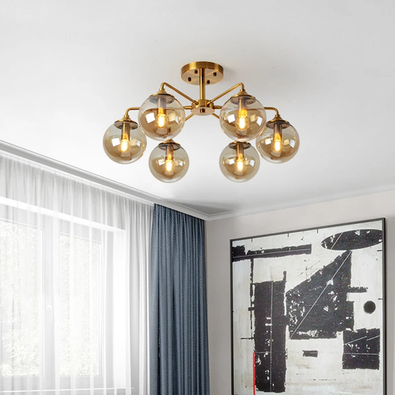 Moderne semi-inbouw gouden Global plafondlamp met glazen kap voor woonkamer - Incl. Garantie