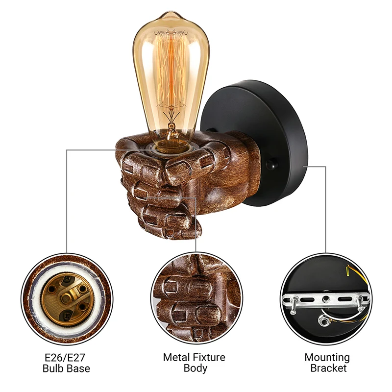 Premium Kwaliteit Wandlamp met 1 kop en rechter-/linkerkap, hout, industriële stijl woonkamerkandelaar bruin