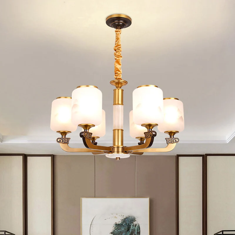 Cilinderhanglamp van matglas, vintage woonkamerkroonluchter met 6/8 lampen en landschapsprint met CE-Keurmerk