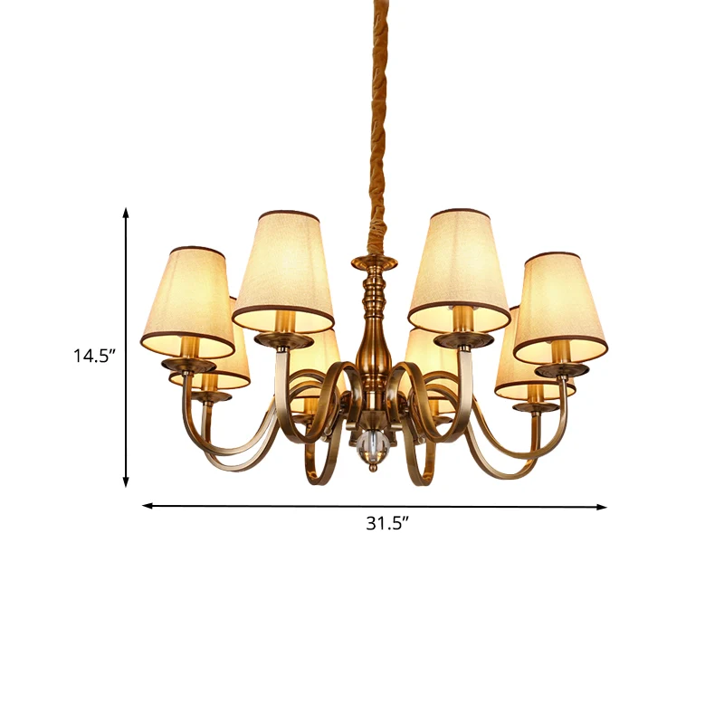 Ouderwets kegelvormige hanglamp, 6/8 lampen, stoffen hangende kroonluchter met gebogen arm messing voor de woonkamer