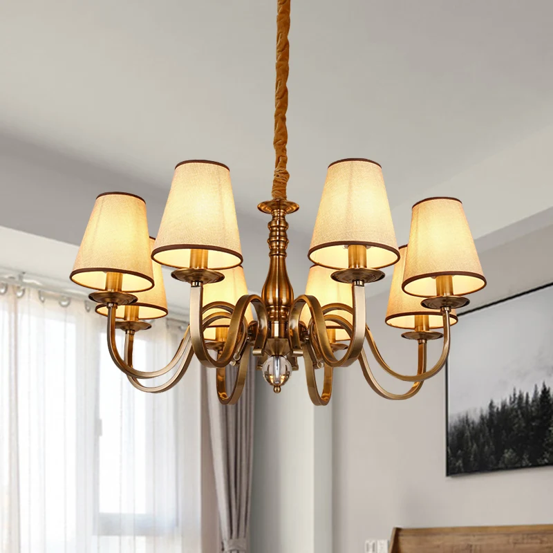 Ouderwets kegelvormige hanglamp, 6/8 lampen, stoffen hangende kroonluchter met gebogen arm messing voor de woonkamer