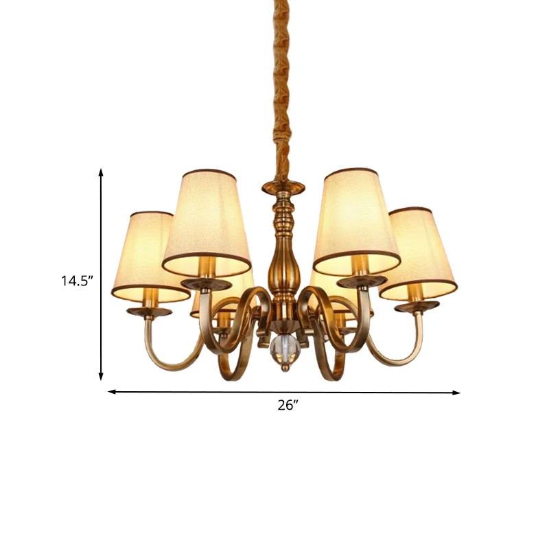 Ouderwets kegelvormige hanglamp, 6/8 lampen, stoffen hangende kroonluchter met gebogen arm messing voor de woonkamer