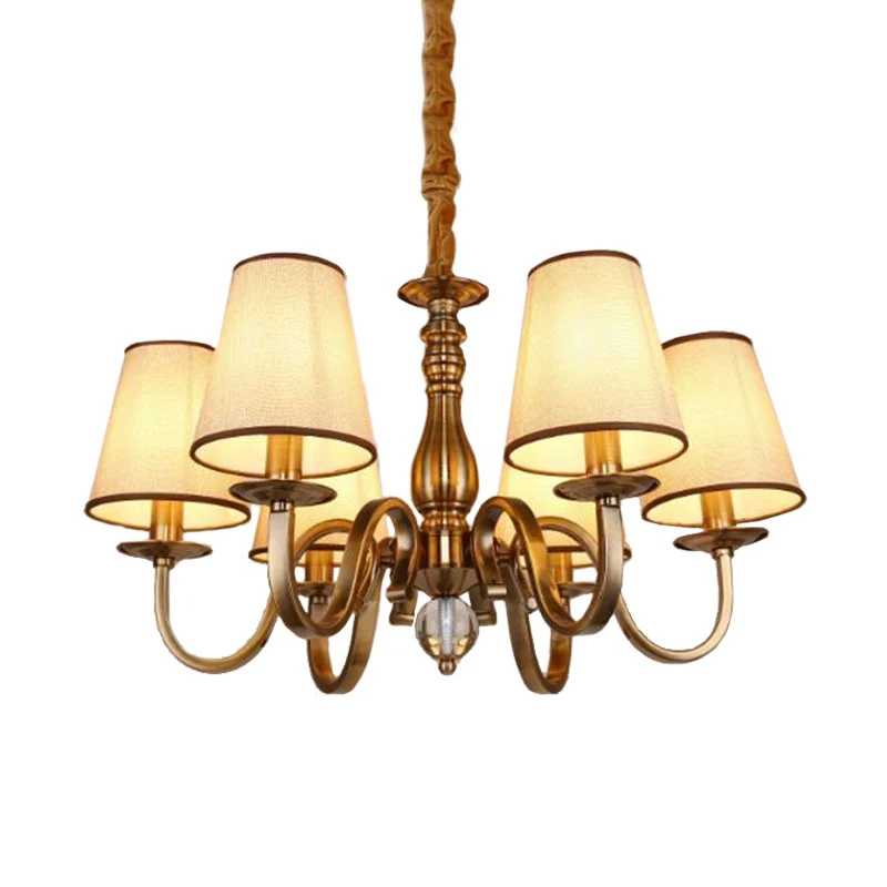 Ouderwets kegelvormige hanglamp, 6/8 lampen, stoffen hangende kroonluchter met gebogen arm messing voor de woonkamer