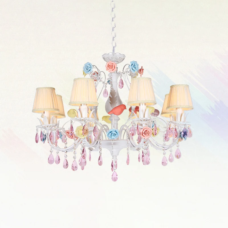 Stof witte hanglamp geplooide schaduw 3/8 lichten Koreaanse tuinhangende kroonluchter met roze kristal voor Binnen en Buiten