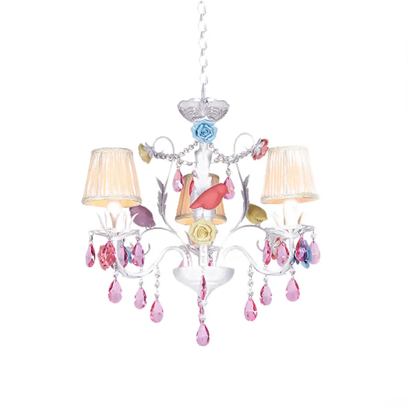 Stof witte hanglamp geplooide schaduw 3/8 lichten Koreaanse tuinhangende kroonluchter met roze kristal voor Binnen en Buiten