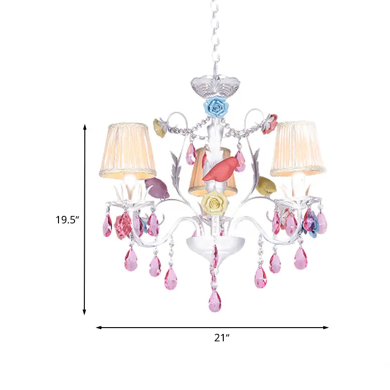 Stof witte hanglamp geplooide schaduw 3/8 lichten Koreaanse tuinhangende kroonluchter met roze kristal voor Binnen en Buiten