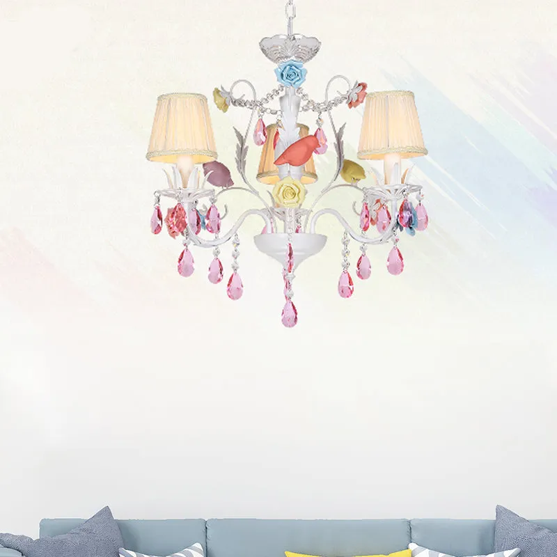 Stof witte hanglamp geplooide schaduw 3/8 lichten Koreaanse tuinhangende kroonluchter met roze kristal voor Binnen en Buiten