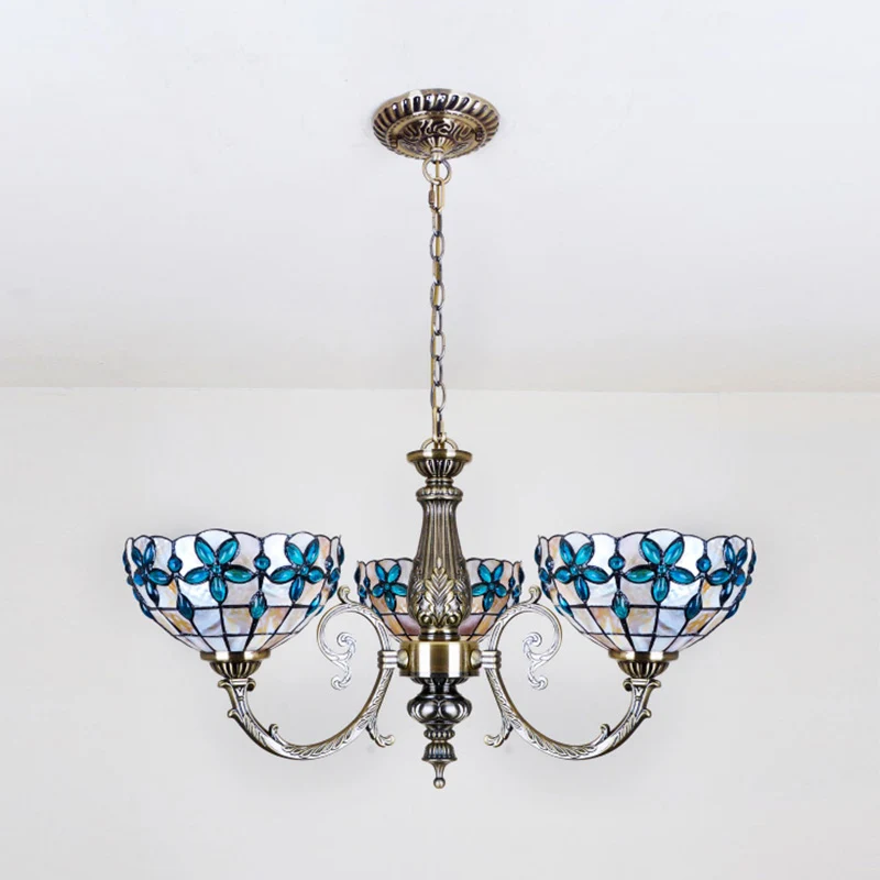 Van vroeger geschulpte hanglamp glas--lood 3/5 lichten bloemen omgekeerde kroonluchter met ketting rood/blauw voor slaapkamer