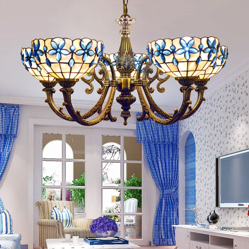Van vroeger geschulpte hanglamp glas--lood 3/5 lichten bloemen omgekeerde kroonluchter met ketting rood/blauw voor slaapkamer
