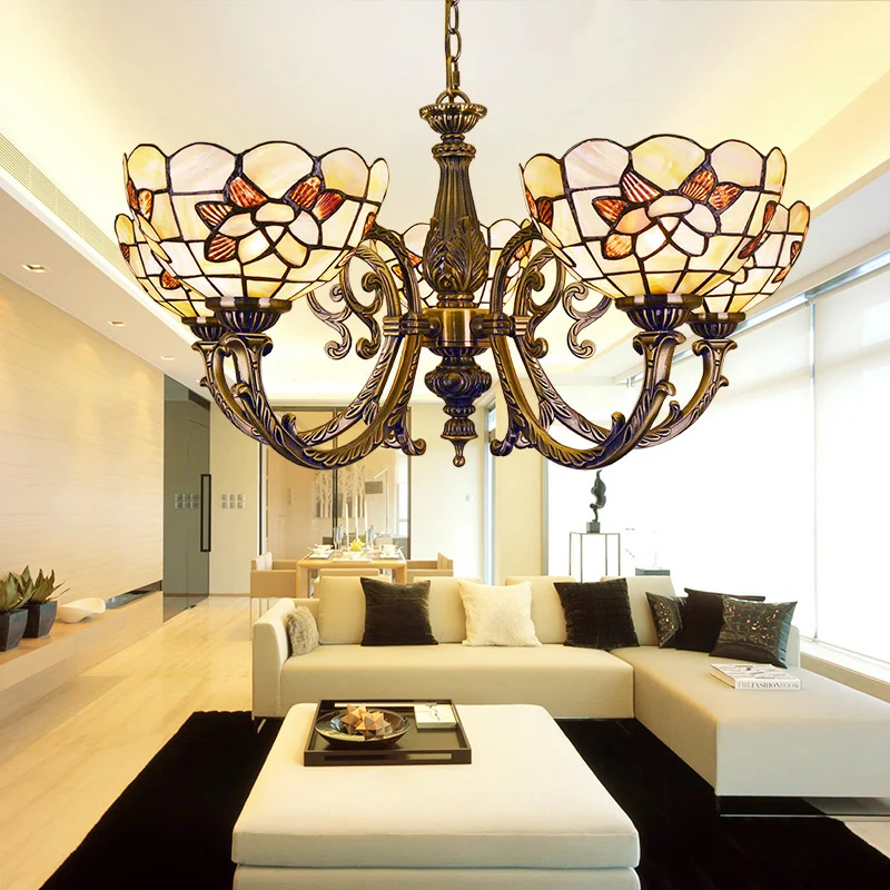 Van vroeger geschulpte hanglamp glas--lood 3/5 lichten bloemen omgekeerde kroonluchter met ketting rood/blauw voor slaapkamer